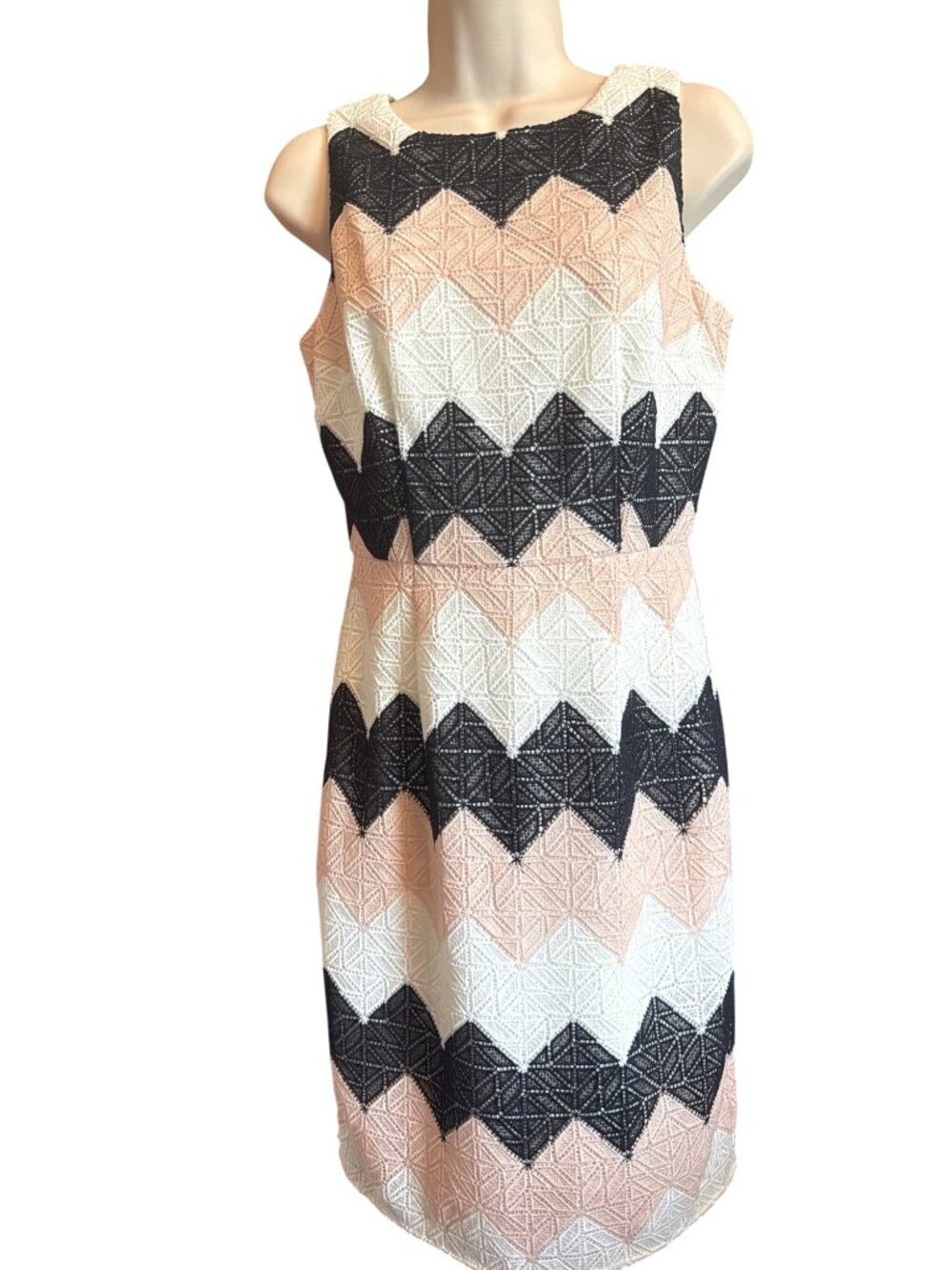 White House Black Market Dress 2 Geometric Lace Chevron Sheath Blush Black Party